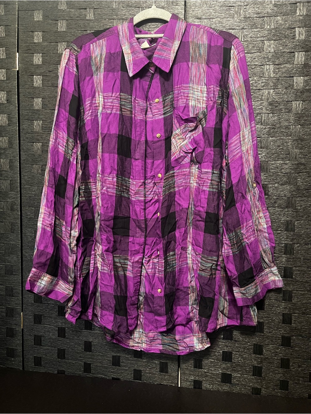 Cato Women's Purple, Black, and Gray Plaid Button-Up Shirt Size 22/24W